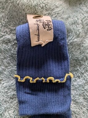 Free People Women's/Unisex Blue Ribbed Socks with Yellow Trim